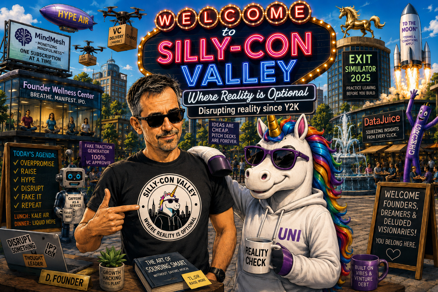 A lively tech conference scene in Silly-Con Valley featuring a man wearing sunglasses and a black T-shirt with a unicorn logo, and a person in a unicorn costume with sunglasses, holding a mug that says "Reality Check." The background showcases futuristic signs and banners, including "Welcome to Silly-Con Valley," "Disrupting reality since Y2K," and various digital screens advertising wellness centers, data insights, and virtual experiences. The setting is an outdoor city square with high-rise buildings, fountains, and animated robots.