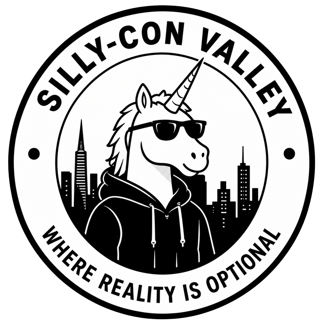 A circular logo featuring a unicorn wearing sunglasses and a hoodie, with a city skyline in the background. The text around the circle reads 'SILLY-CON VALLEY' at the top and 'WHERE REALITY IS OPTIONAL' at the bottom.
