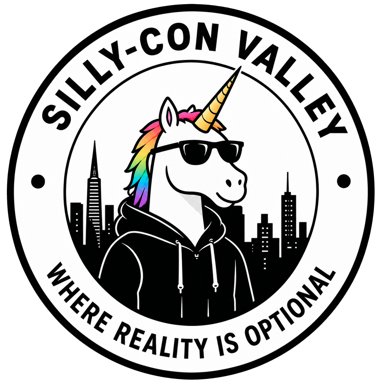 A circular logo featuring a cartoon unicorn with rainbow hair, sunglasses, and a hoodie, set against a city skyline background. The text around the circle reads 'SILLY-CON VALLEY' at the top and 'WHERE REALITY IS OPTIONAL' at the bottom.