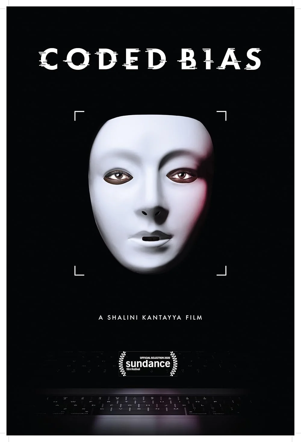 Poster for the film 'Coded Bias' featuring a white mask with human eyes behind it, set against a black background.