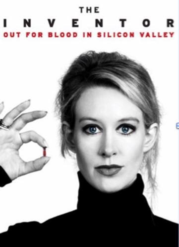 Poster for the movie 'The Inventor' with a woman holding a small blood sample, featuring the tagline 'Out for Blood in Silicon Valley'.