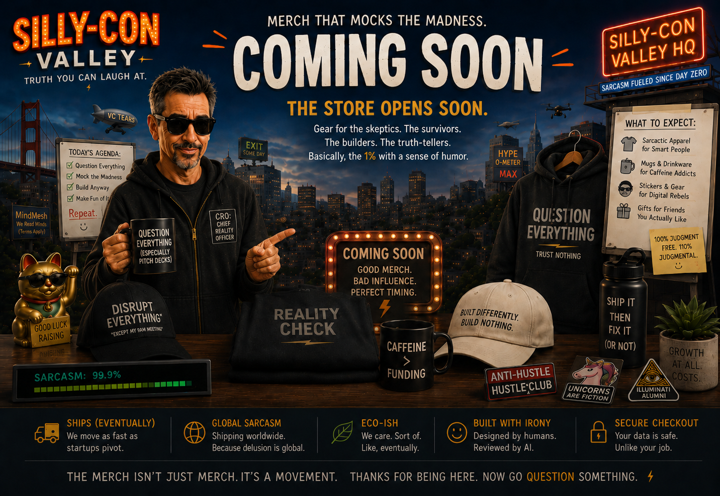 Promotional image for Silly-Con Valley merchandise. Features a man holding a mug that says 'Question Everything (Especially Pitch Decks)' and a black cap labeled 'Disrupt Everything'. A hoodie with the message 'Question Everything' and a baseball cap with the words 'Built Differently. Build Nothing.' are also displayed. The background mimics a city skyline, with signs and slogans related to skepticism, humor, and merchandise, indicating the store will open soon.
