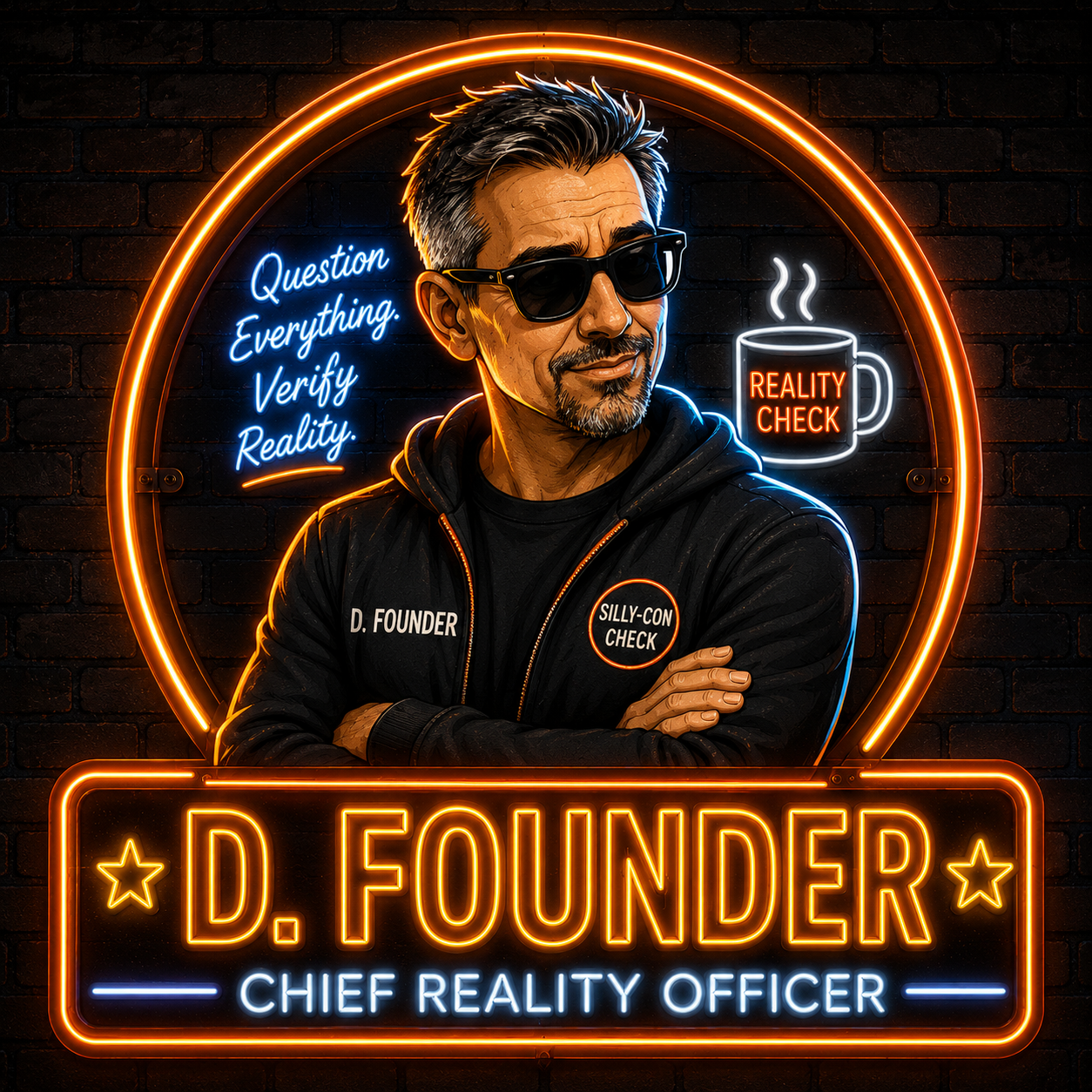 A neon-lit digital illustration of a man with sunglasses, a beard, and gray hair, crossing his arms. He is labeled as D. Founder, Chief Reality Officer. The background features a brick wall with neon signs saying 'Question Everything, Verify Reality'