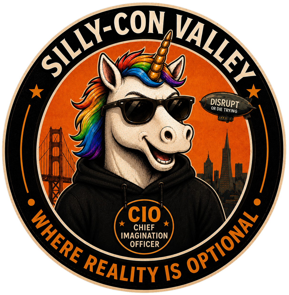 Circular emblem featuring a cartoon unicorn with rainbow-colored hair, wearing black sunglasses and a black hoodie. The background shows the San Francisco skyline with the Golden Gate Bridge and the cityscape at sunset. Text on the emblem reads 'SILL