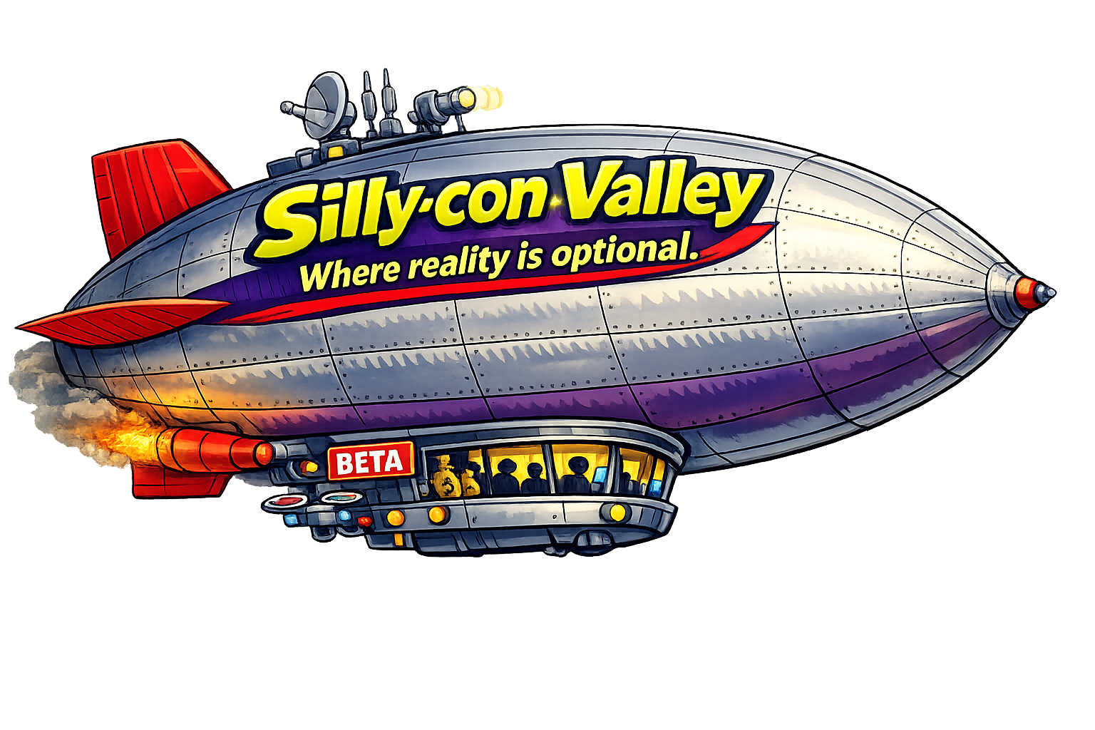Cartoon blimp with the words "Silly-con Valley" and "Where reality is optional" on its side, flying above a cityscape.