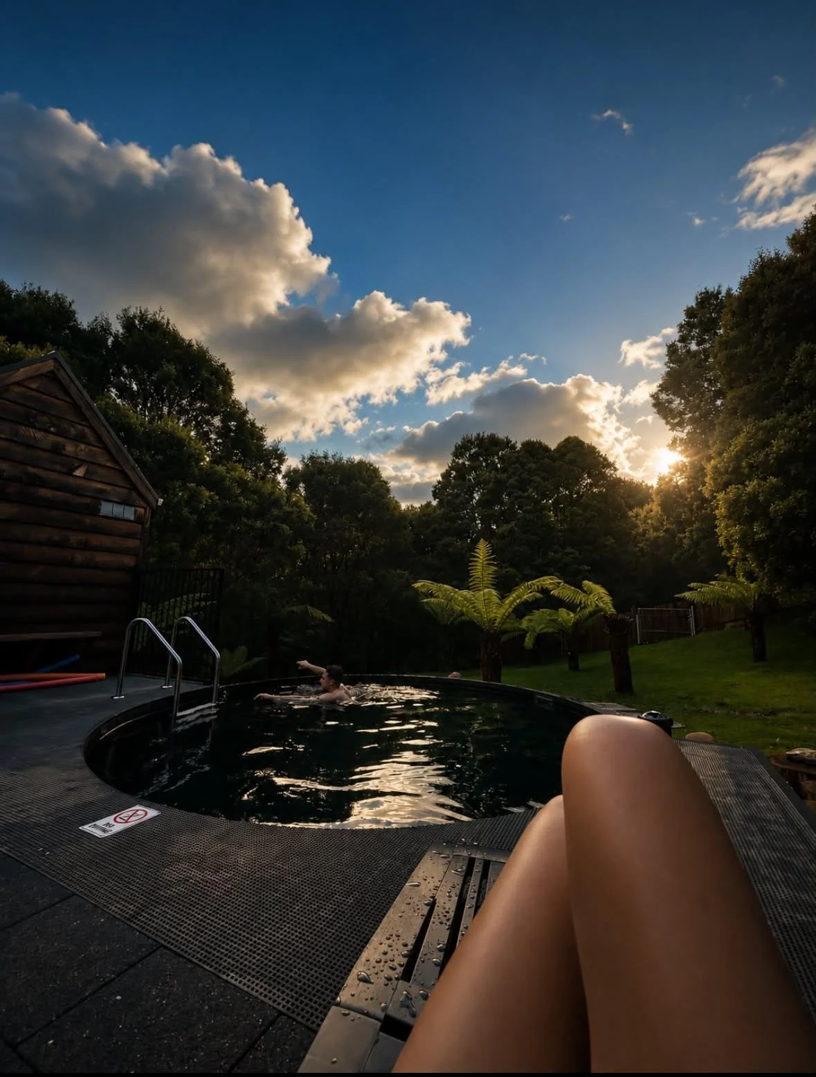 Romantic couple enjoyed the private cold plunge pool at tailrace sauna near Derby Tasmania