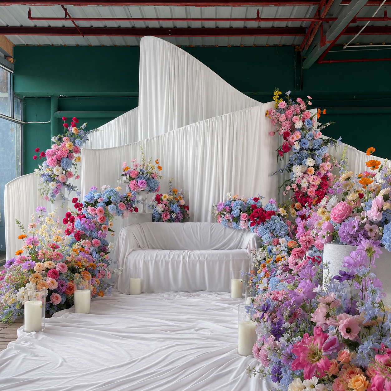 A floral wedding altar with white drapes, a white sofa, and numerous colorful flower arrangements surrounding the setup, with candles at the front.