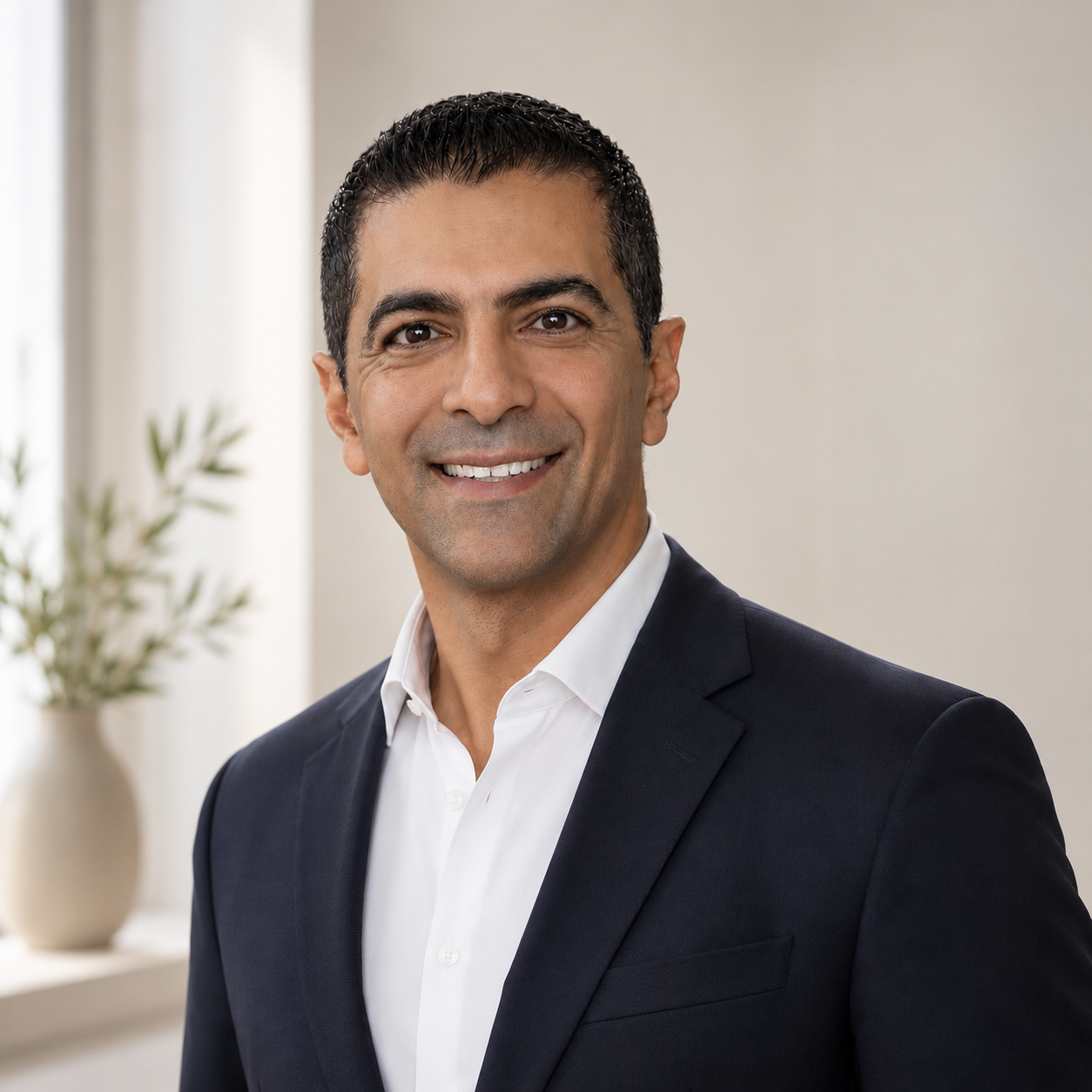 A man in a dark suit with a white shirt, smiling for a portrait in a room with neutral walls and a potted plant in the background.