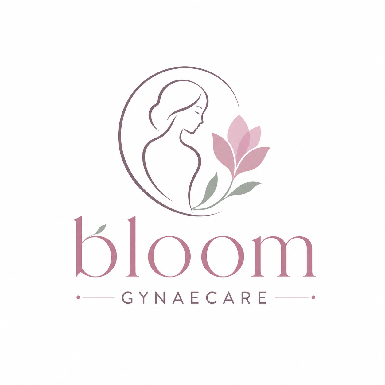 Logo for Bloom GynaeCare featuring a minimalistic line drawing of a woman's profile, a pink flower, and the business name in elegant font.