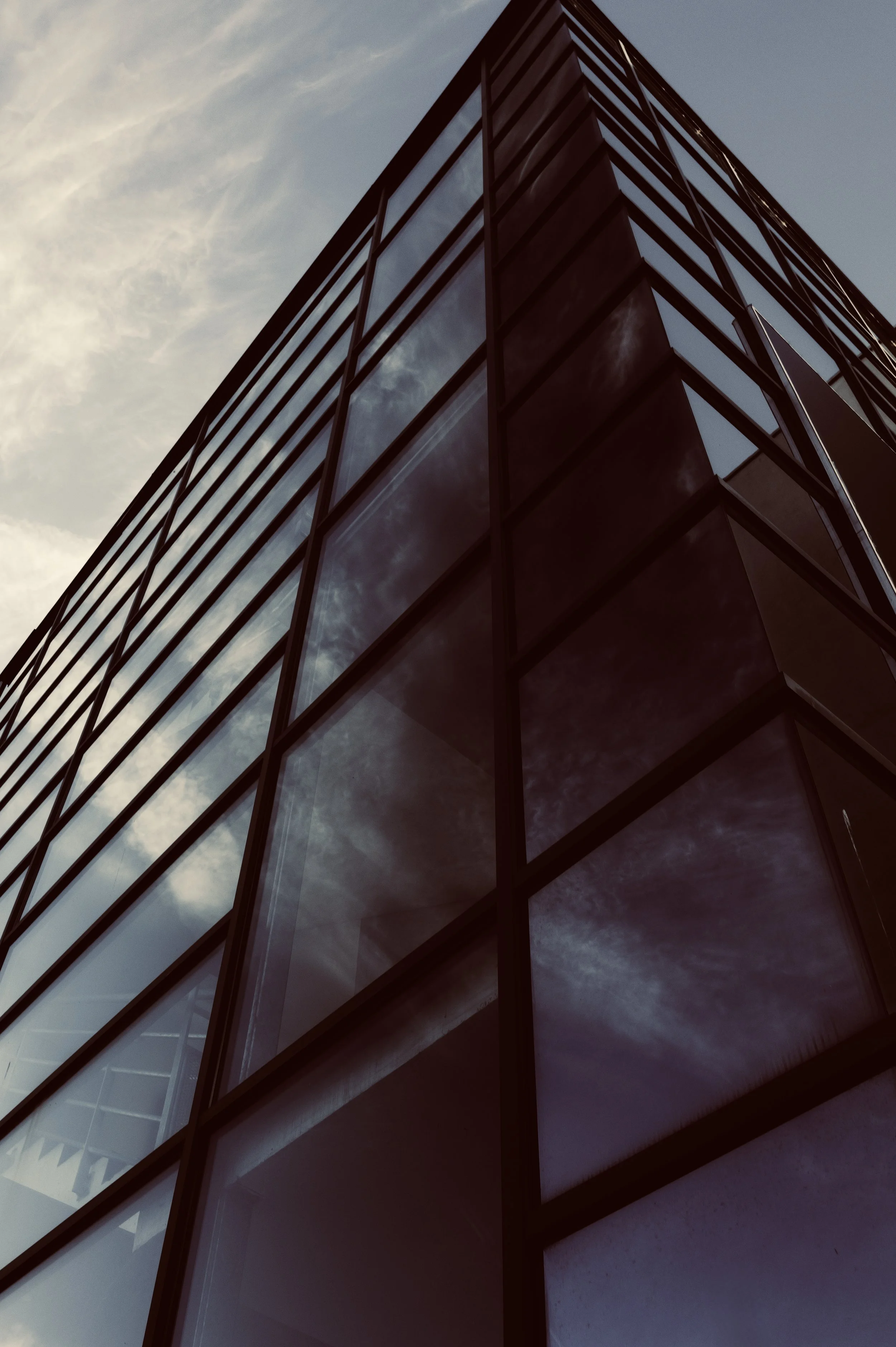 High-contrast urban architecture: dark structural grid and sky reflections on a glass building.