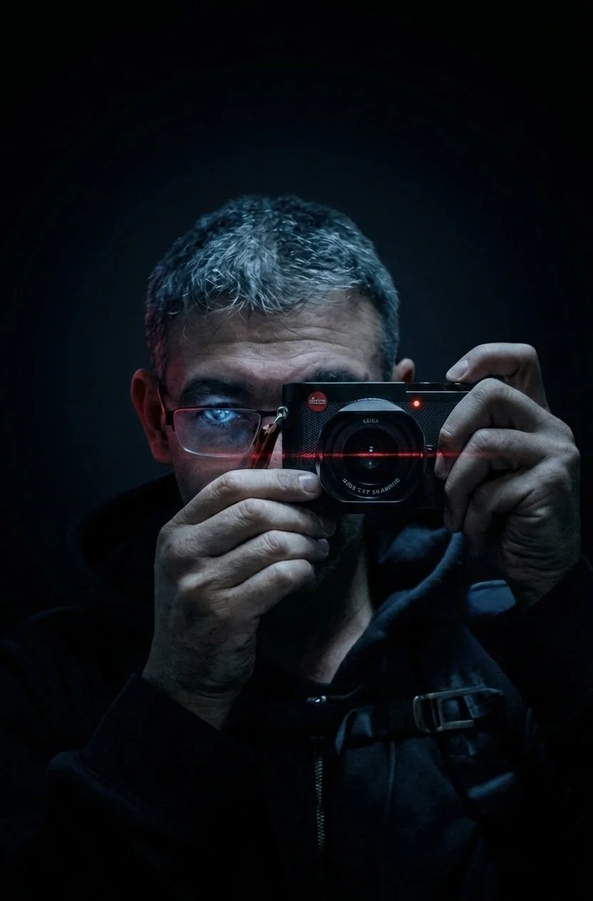 Photographer taking a self-portrait with a rangefinder camera in low light, a red laser focus point visible on the lens, one lens of his glasses tinted blue.