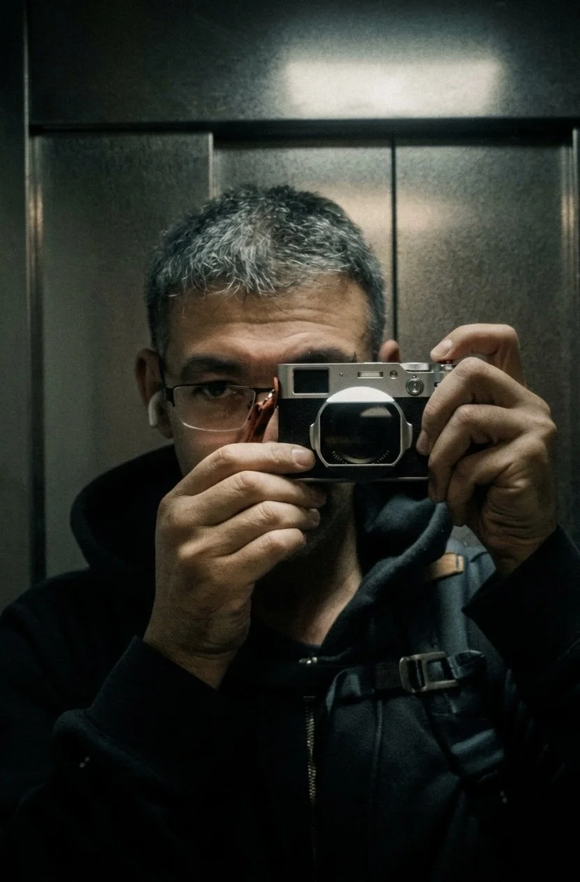 mirror self-portrait of a photographer with a rangefinder camera. Introspective moody lighting.