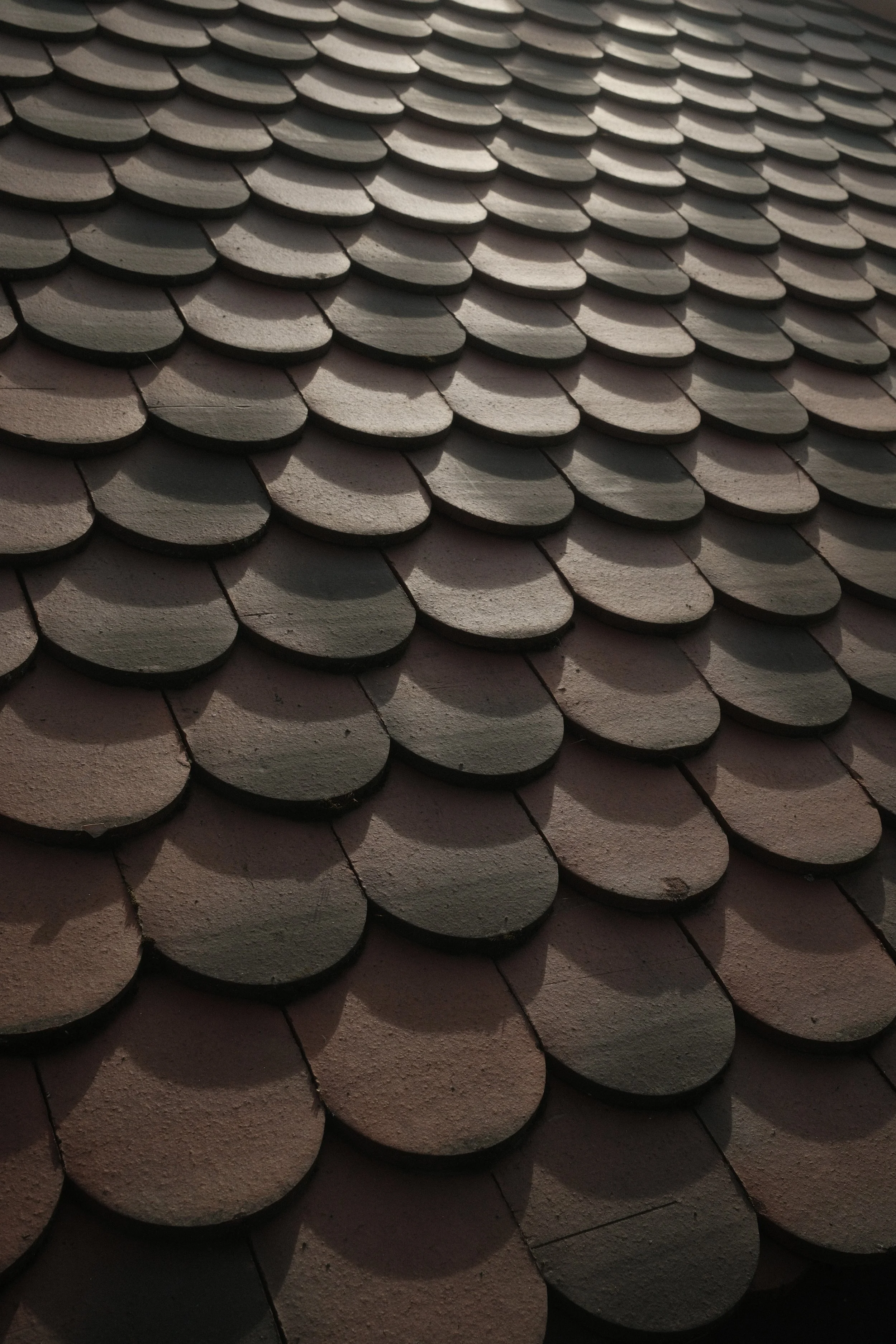 Minimalist pattern of rounded stone roof tiles. Focus on organic geometry, texture, and natural contrast.
