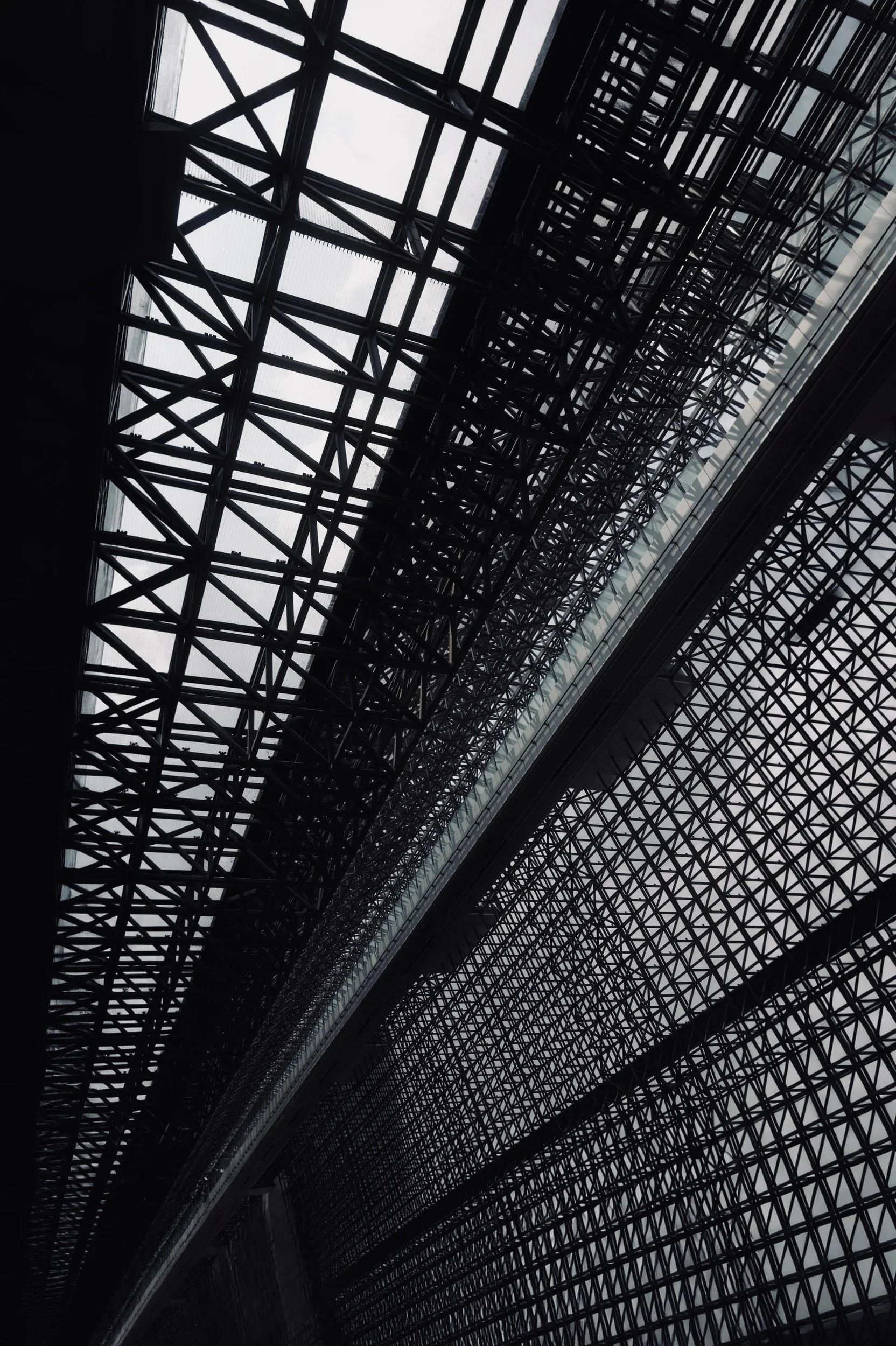 Intersecting steel roof trusses and glass panels forming a dense diagonal lattice.