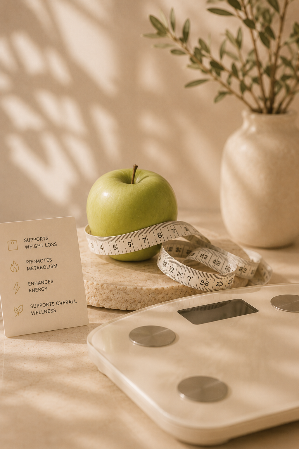 A green apple on a marble slab with a white measuring tape wrapped around it, a scale nearby, and a small card listing health benefits such as supporting weight loss, promoting metabolism, enhancing energy, and supporting overall wellness, with a vase of green leafy branches in the background.