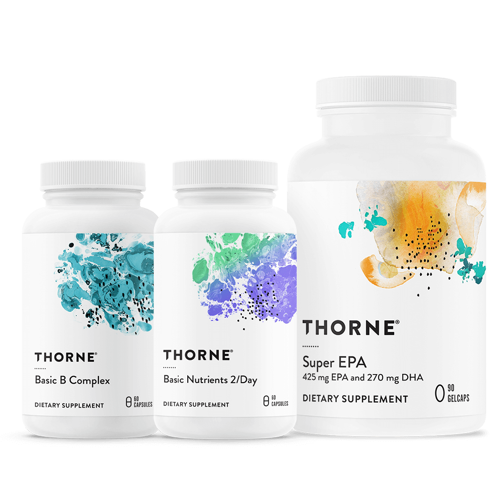 Three bottles of dietary supplements from Thorne, including Basic B Complex, Basic Nutrients 2/Day, and Super EPA, with colorful abstract designs on the labels.