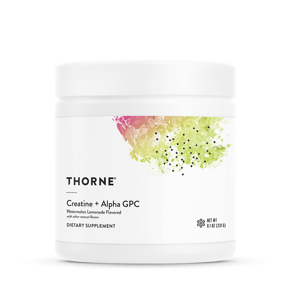 White container of Thorne Creatine + Alpha GPC dietary supplement with a colorful, abstract watermelon lemonade flavor design on the label.