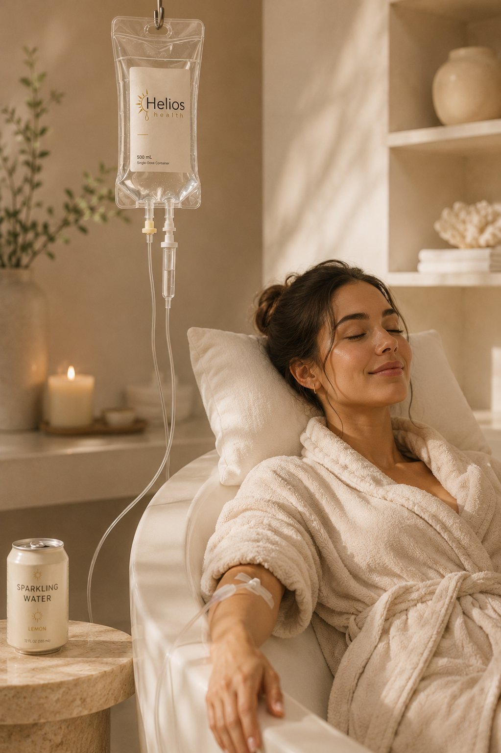 A woman relaxing in a spa or wellness setting, with an IV drip attached to her arm, smiling with eyes closed, wearing a beige robe, with a can of sparkling water nearby and candles and decor in the background.