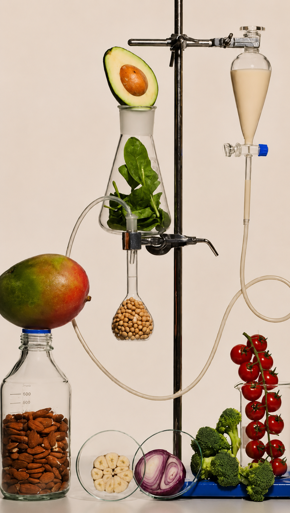A science experiment setup with various food items including an avocado with seed, tomato, broccoli, banana, almonds, red onion, cherry tomatoes on vine, and chickpeas, connected to glass laboratory equipment and tubes.
