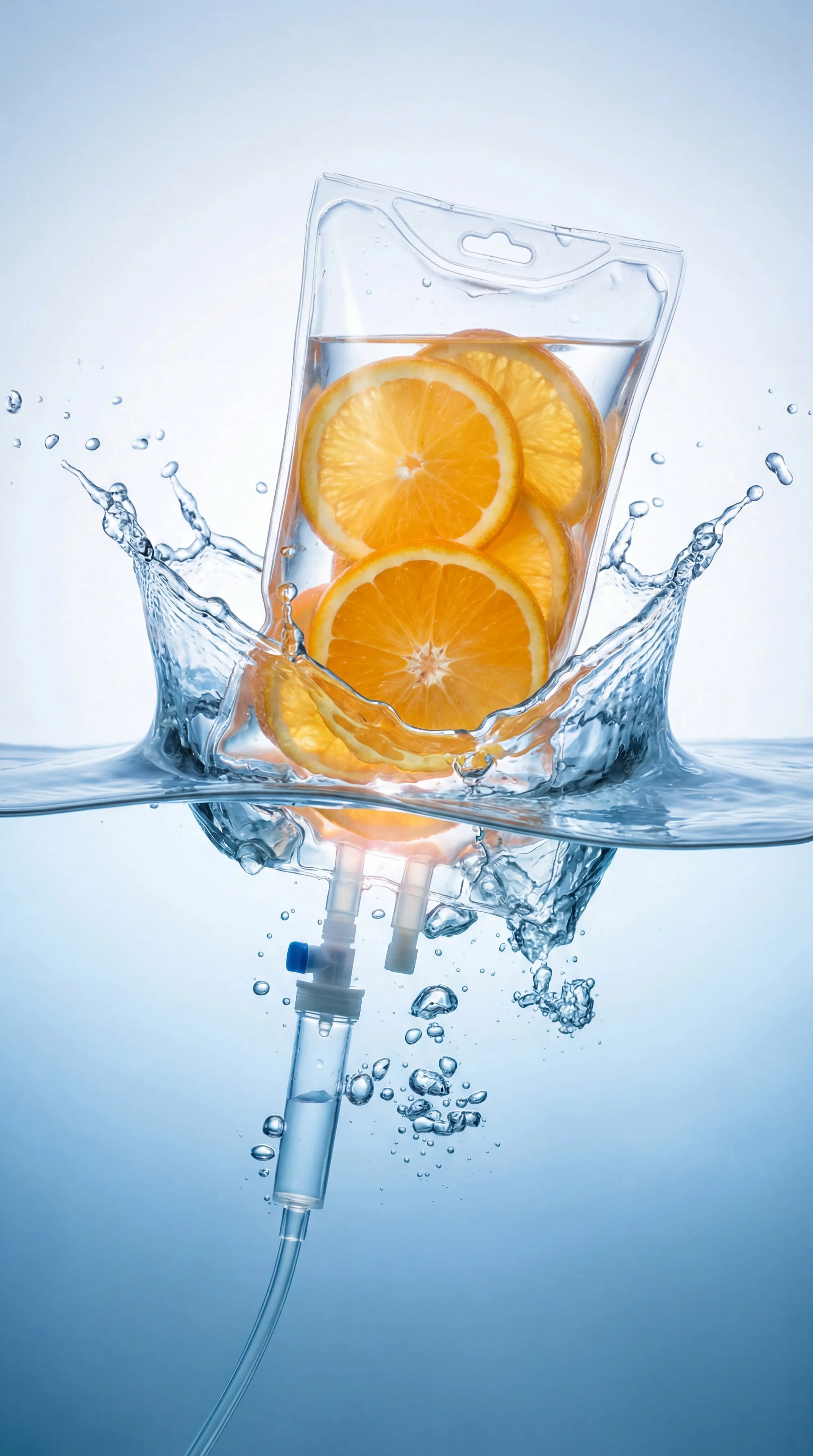 A plastic bag with sliced oranges submerged in water, with water splashing around and a IV drip attached to the bag.