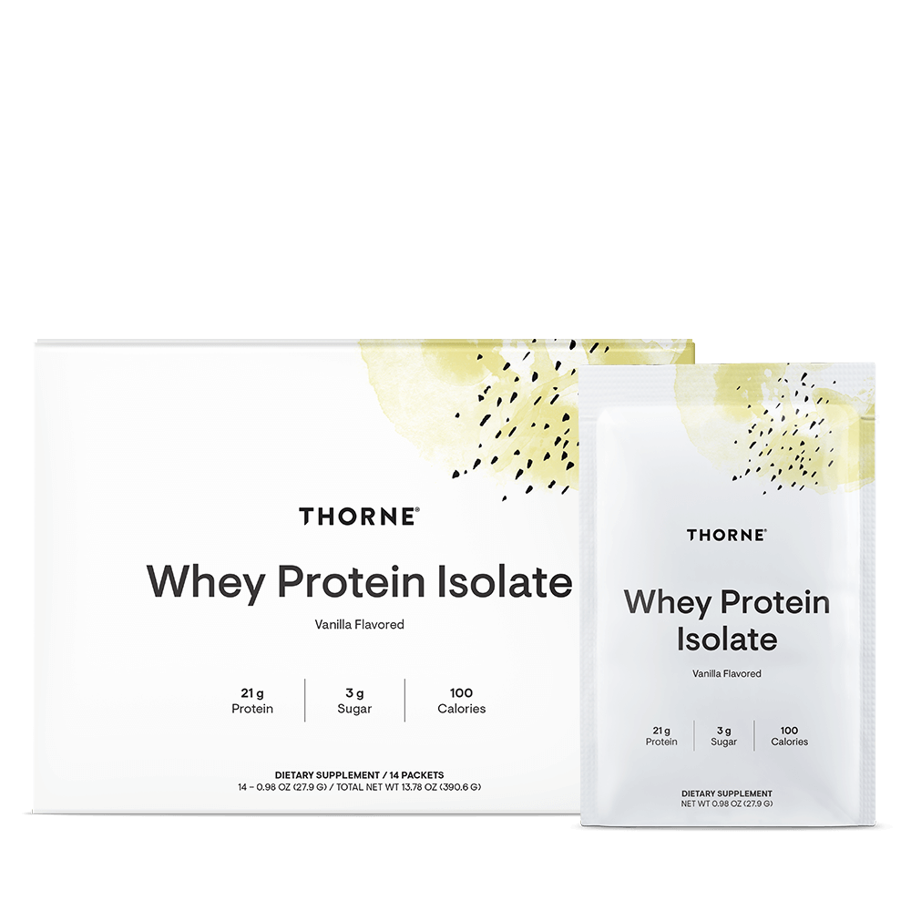 Package of Thorne Whey Protein Isolate in vanilla flavor with a matching individual packet.
