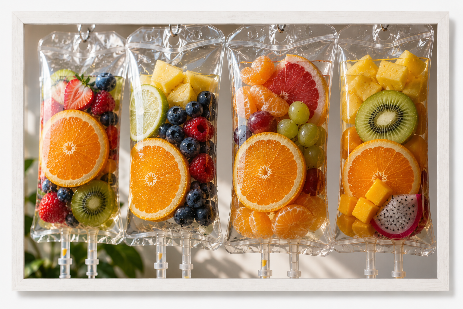 Four clear plastic syringes filled with colorful mixed fruits, arranged in a row inside a white frame.