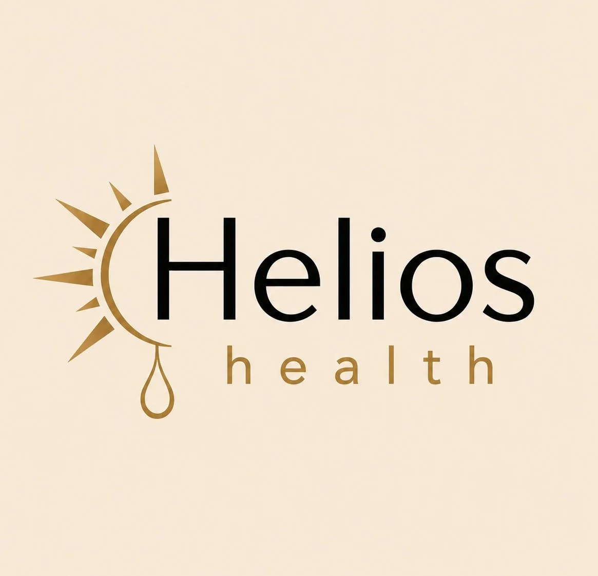 Logo with a stylized sun and droplet next to the text 'Helios health' on a light beige background.