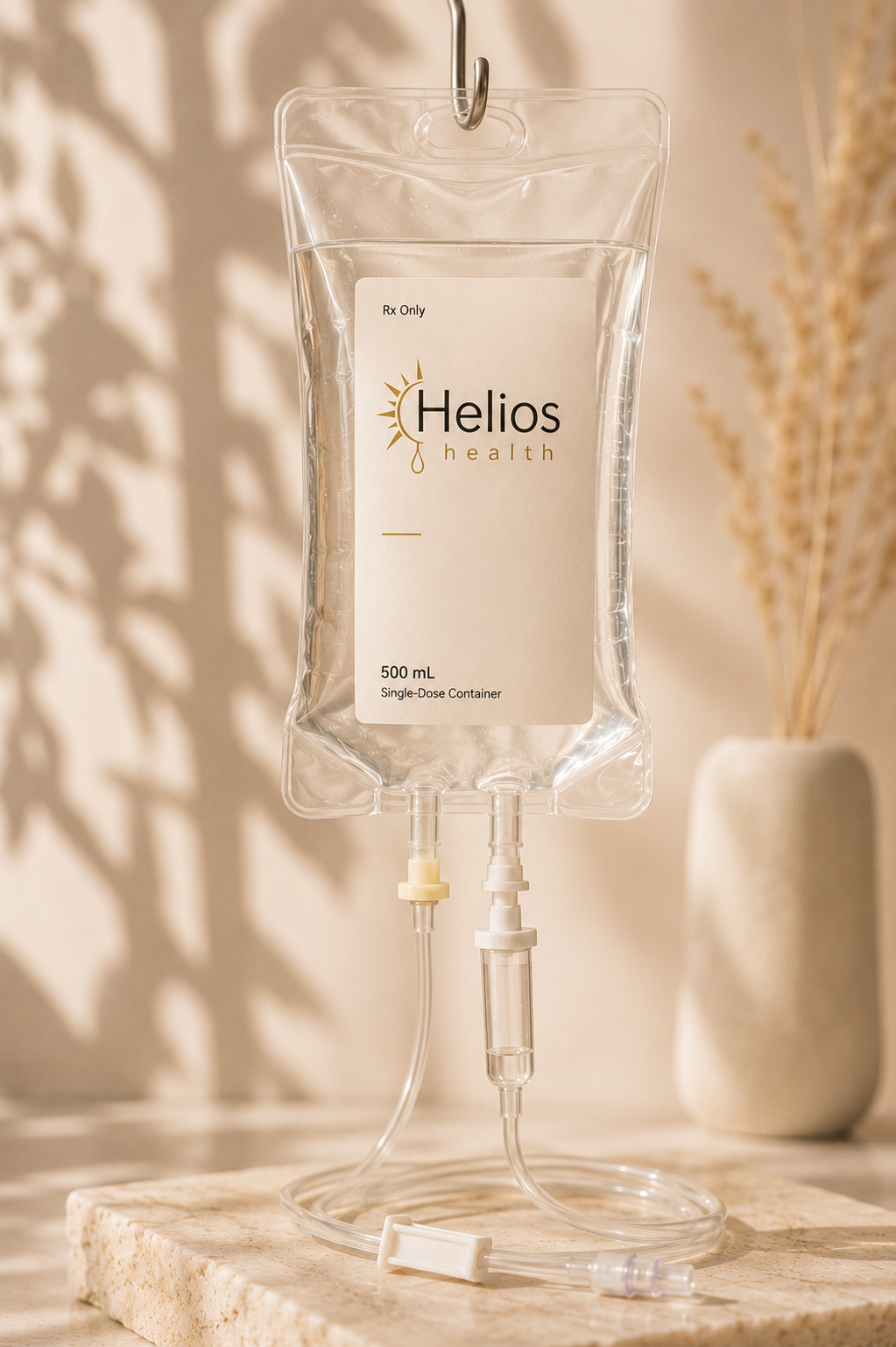 A medical IV bag labeled 'Helios Health' containing 500 mL fluid, hanging on a hook with tubes attached, placed on a beige surface with a blurred background of a vase with dried plants.