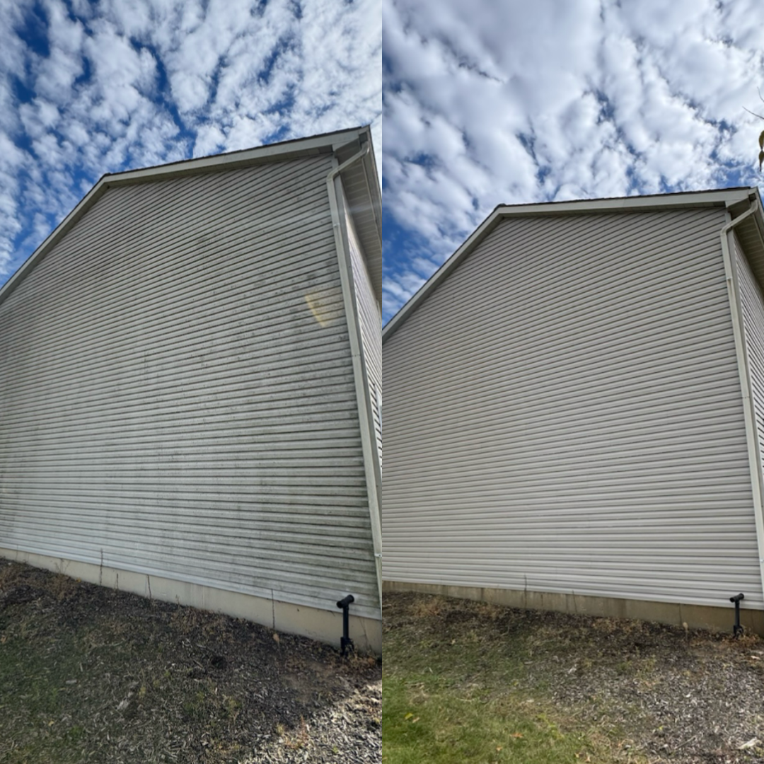 Comparison of a house siding before and after cleaning, with a blue sky with scattered clouds above.