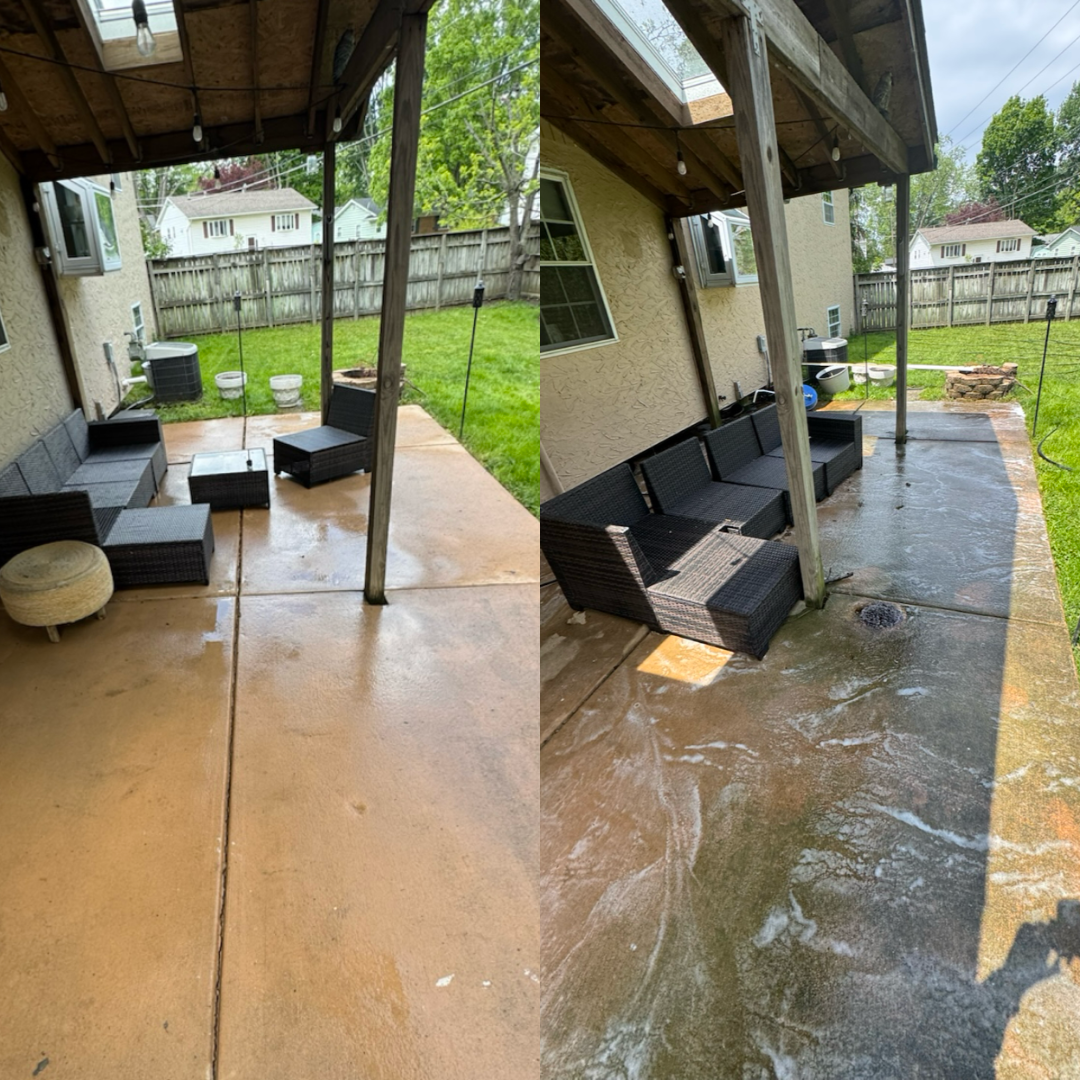 Side-by-side photos of a backyard patio with a wicker outdoor sofa and chairs after rain. The showing a wet concrete surface, a wooden fence, green grass, and a house in the background.