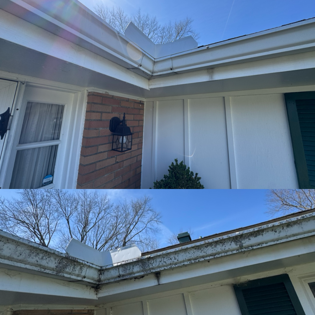 Comparison of house gutters; top image shows clean gutters with no debris, bottom image shows gutters with dirt, debris, and mold buildup.
