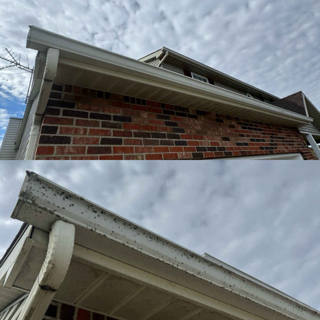 Two images showing the eaves and gutters of a house. The top image depicts a clean, white gutter on a house with a brick exterior. The bottom image shows the same gutter with dirt, mold, and debris buildup.