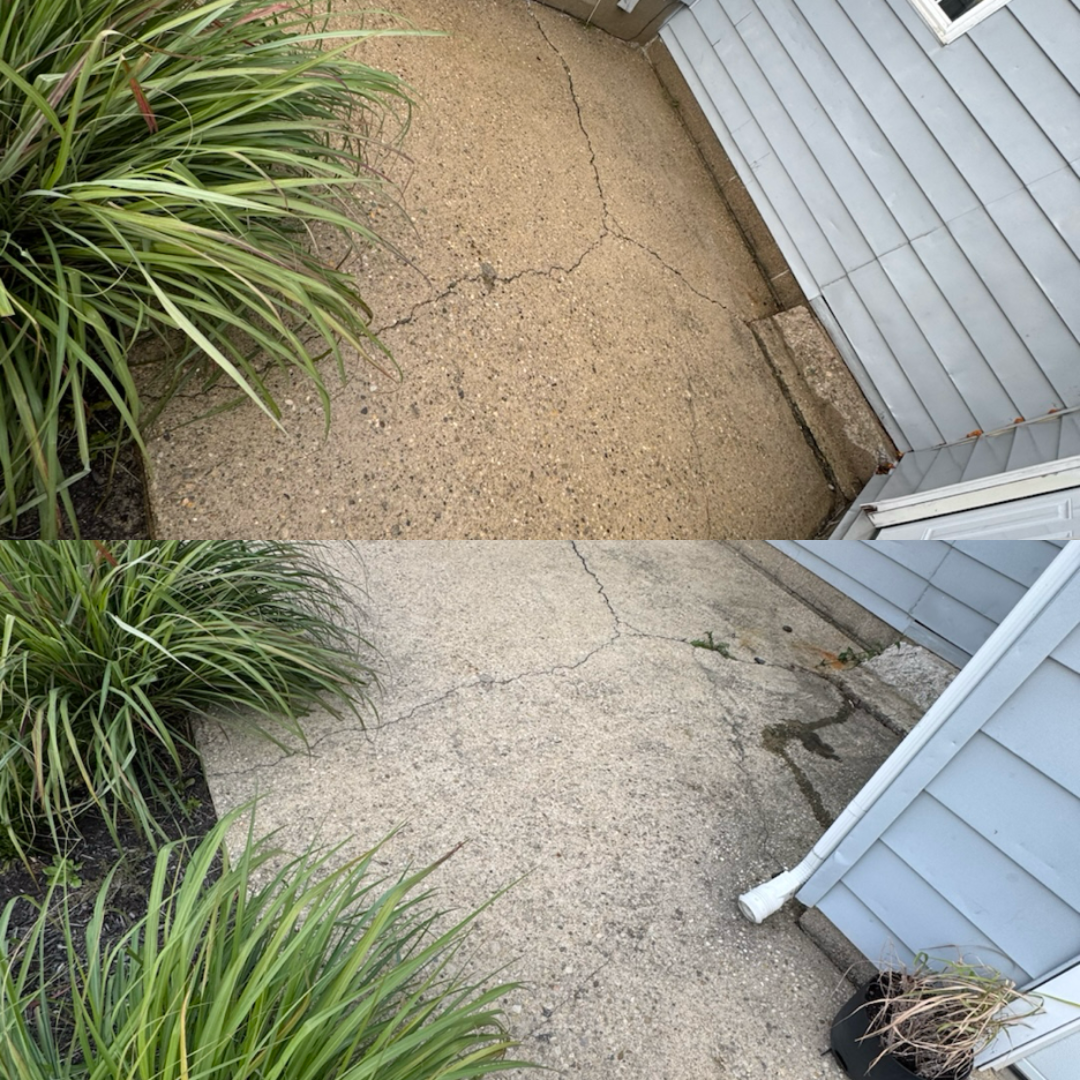Comparison of two images showing a concrete patio area with cracks, plants on the left, and a house with siding on the right; the top image has a darker, more weathered concrete surface, while the bottom image shows a lighter, cleaner surface.