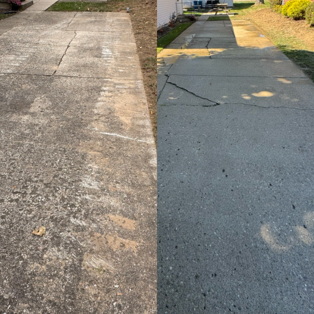 Comparison of two concrete sidewalks, showing wear and cracking on the left sidewalk and a repaired section with less cracks on the right sidewalk.