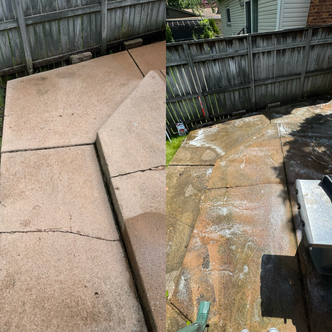 Comparison of a concrete patio before and after cleaning. The left side shows a dirty, stained, and cracked concrete surface, while the right side shows a clean, wet, and restored surface.