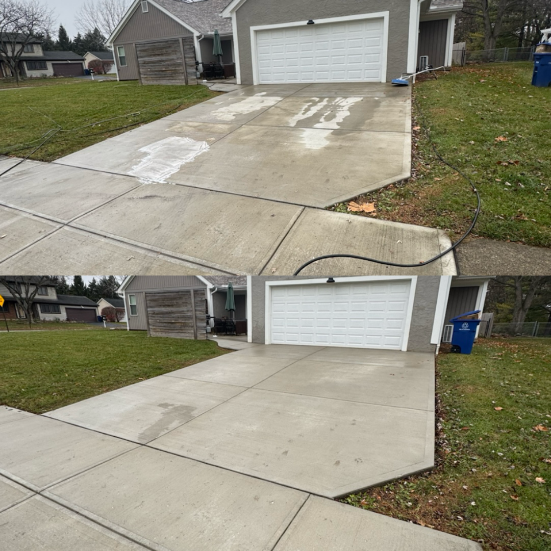 Before and after images of a concrete driveway cleaning and sealing, showing the surface dirt and stains in the top image and a clean, bright surface in the bottom image.