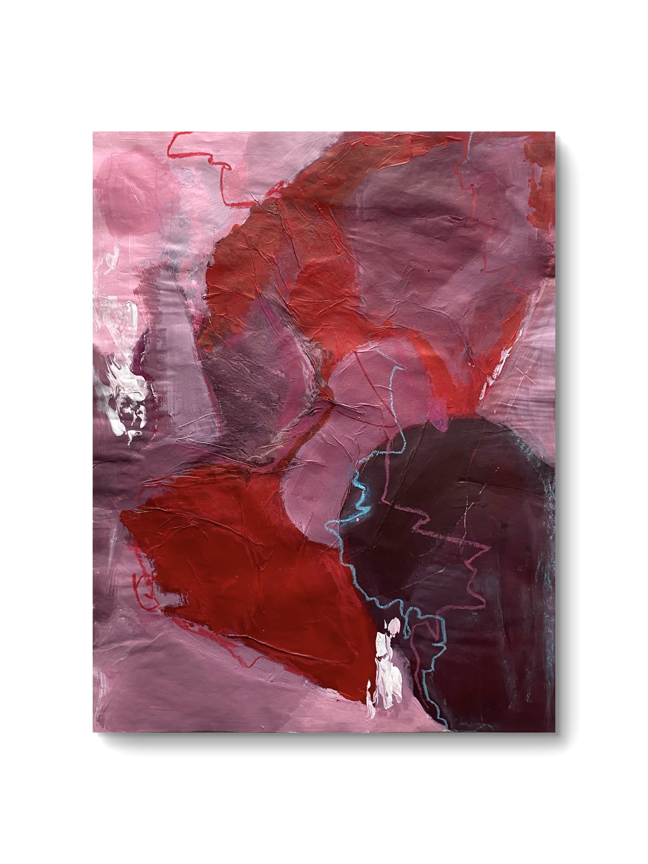 Abstract painting with shades of pink and red, featuring textured red shapes and irregular lines on a pink background.