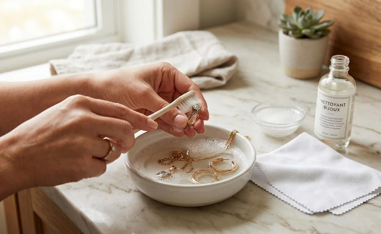 Une personne nettoie des bijoux en or dans un bol d’eau savonneuse à l’aide d’une petite brosse, avec des accessoires comme une petite bouteille de nettoyant pour bijoux, une serviette en tissu blanc et une plante en pot en arrière-plan.