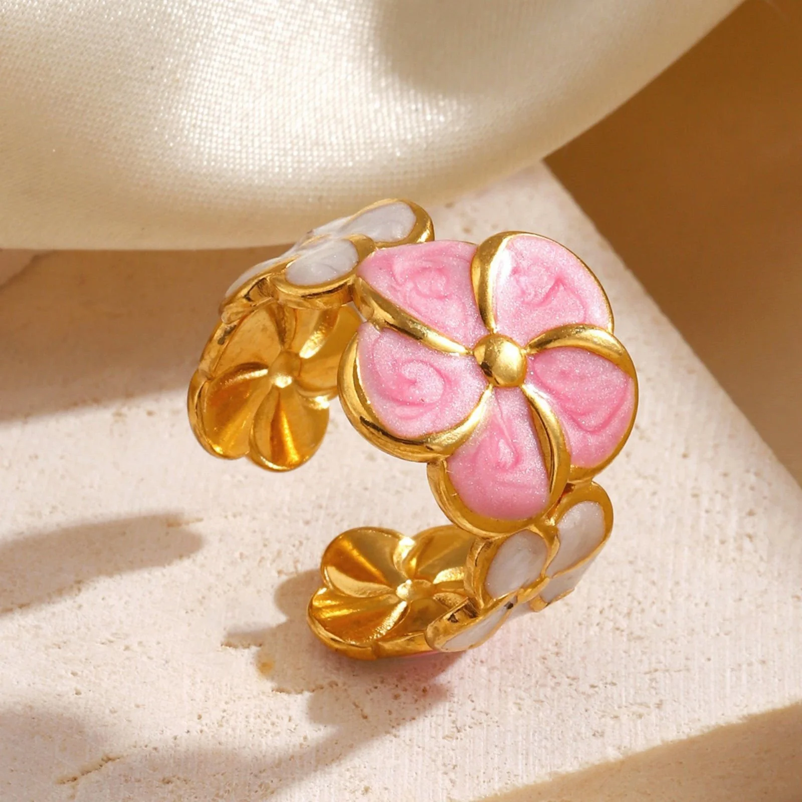 Bague Fleur Rose émail
