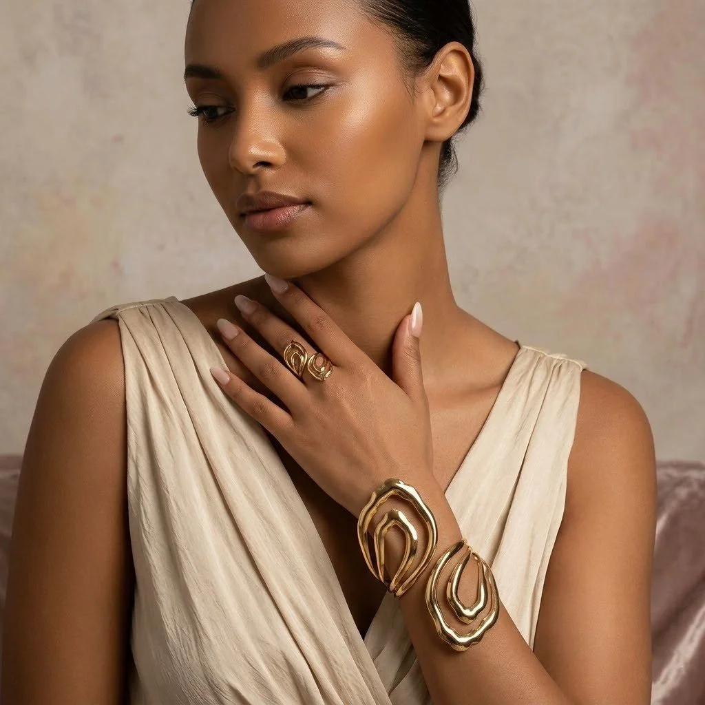 Bracelet Manchette & sa bague Élégance Dorée