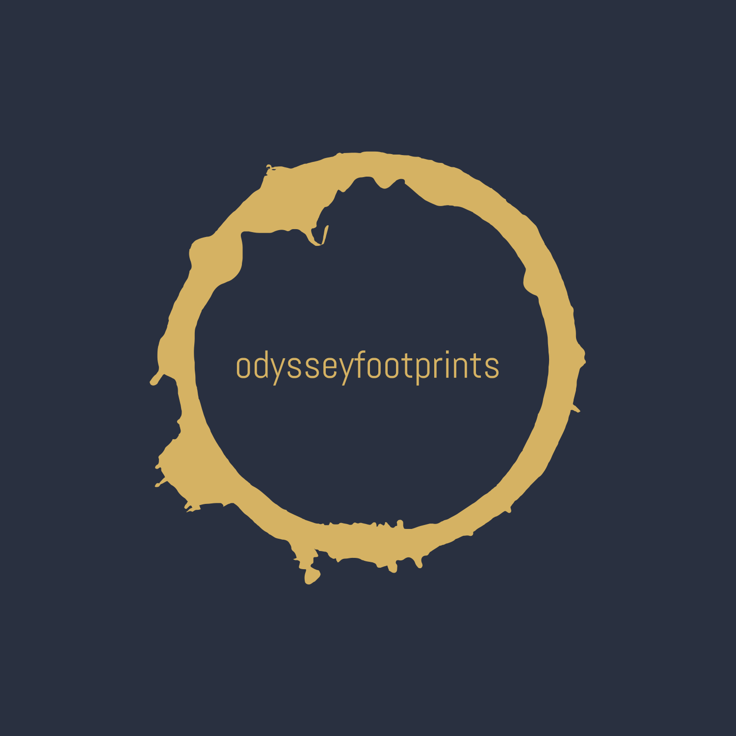 A dark background with a gold circular design and the word 'odysseyfootprints' inside the circle.