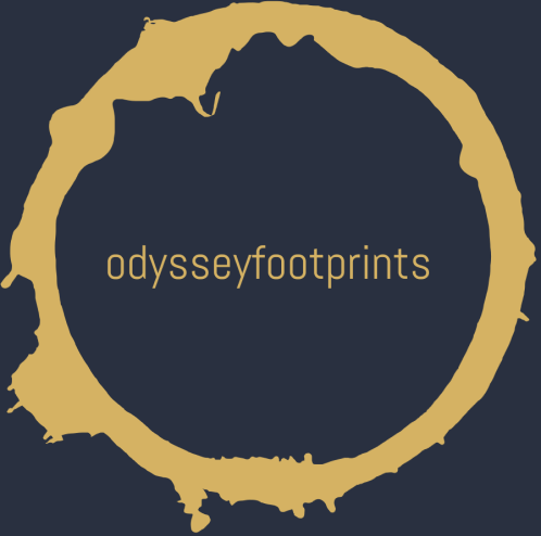 A dark blue background with a gold circular design and the text 'odysseyfootprints' inside the circle.