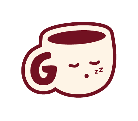 A cartoon coffee mug with a face, closed eyes, and a small 'z' indicating sleeping.
