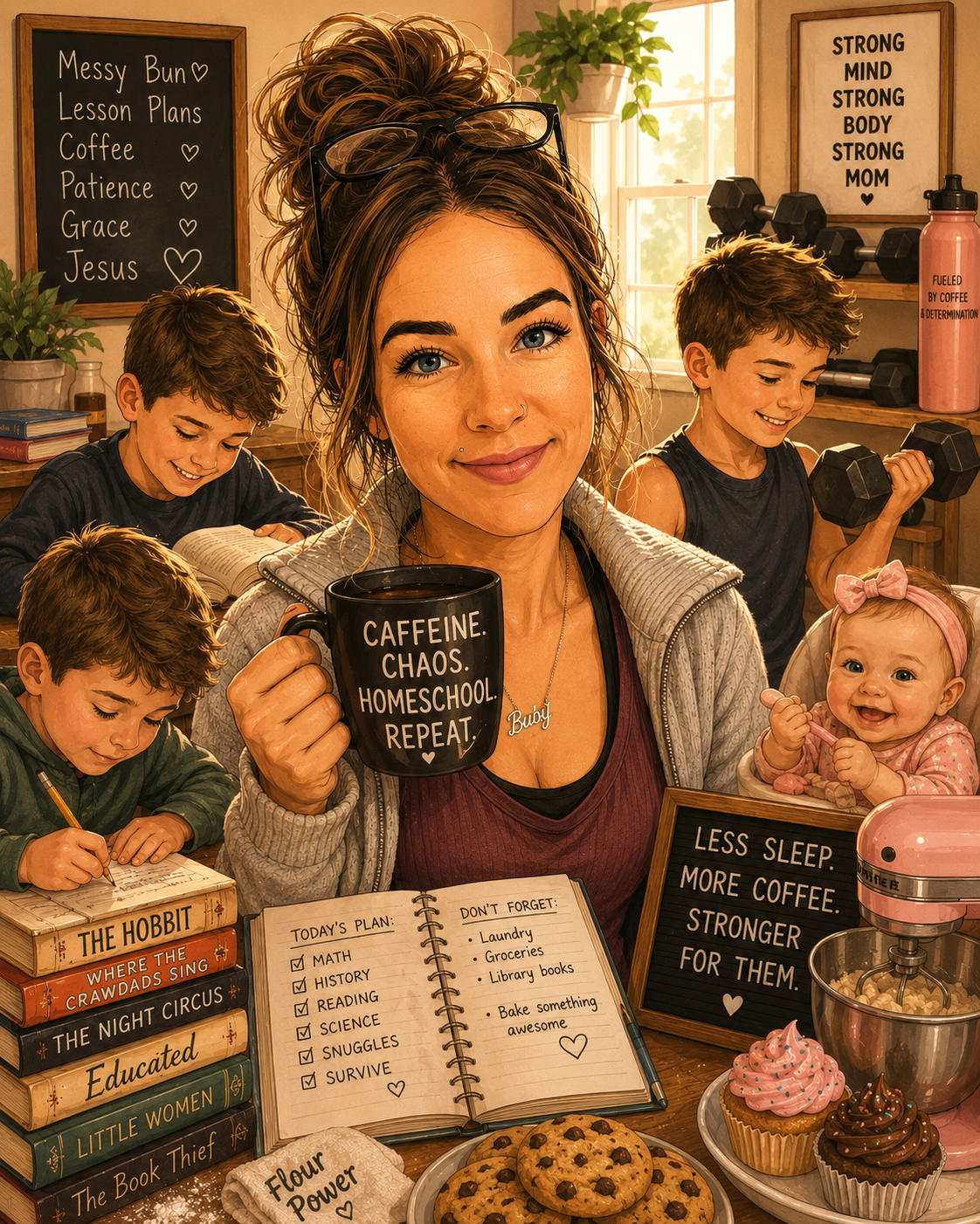 A woman in a gray hoodie sitting at a kitchen table with children, holding a coffee mug that reads 'Caffeine. Chaos. Homeschool. Repeat.' She is smiling and has glasses on her head. A baby girl with a pink bow headband is in a high chair, and the children are reading and lifting dumbbells. The table has cookies, cupcakes, and books about various subjects. Behind are motivational posters, a fruit water bottle, and a window with sunlight.