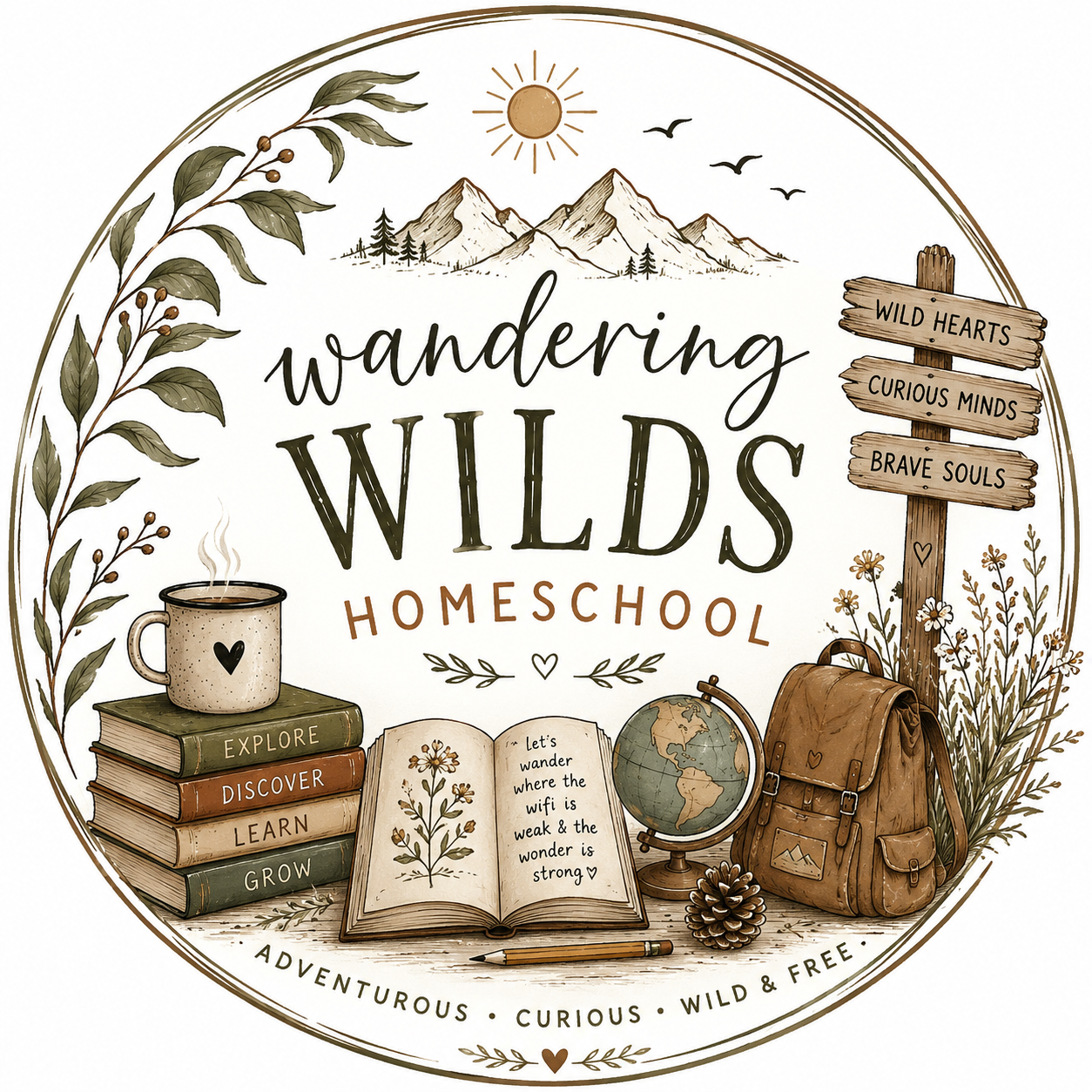A circular illustration with mountains, trees, birds, a sun, and a branch with leaves, featuring homeschool-themed items like a stack of books labeled Explore, Discover, Learn, Grow, a steaming mug with a heart, an open book with a quote, a globe, a backpack, pine cone, and signpost with signs reading Wild Hearts, Curious Minds, Brave Souls. Text includes "Wandering Wilds Homeschool" and words like "Adventurous, Curious, Wild & Free."