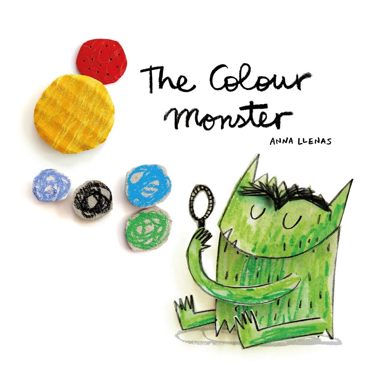 Cover of a children's book titled 'The Colour Monster' by Anna Llenas, featuring three textured paper/scrapbook style circles in red, yellow, and a collage of colors, along with a hand-drawn green monster holding a magnifying glass, with small colorful circles around it.