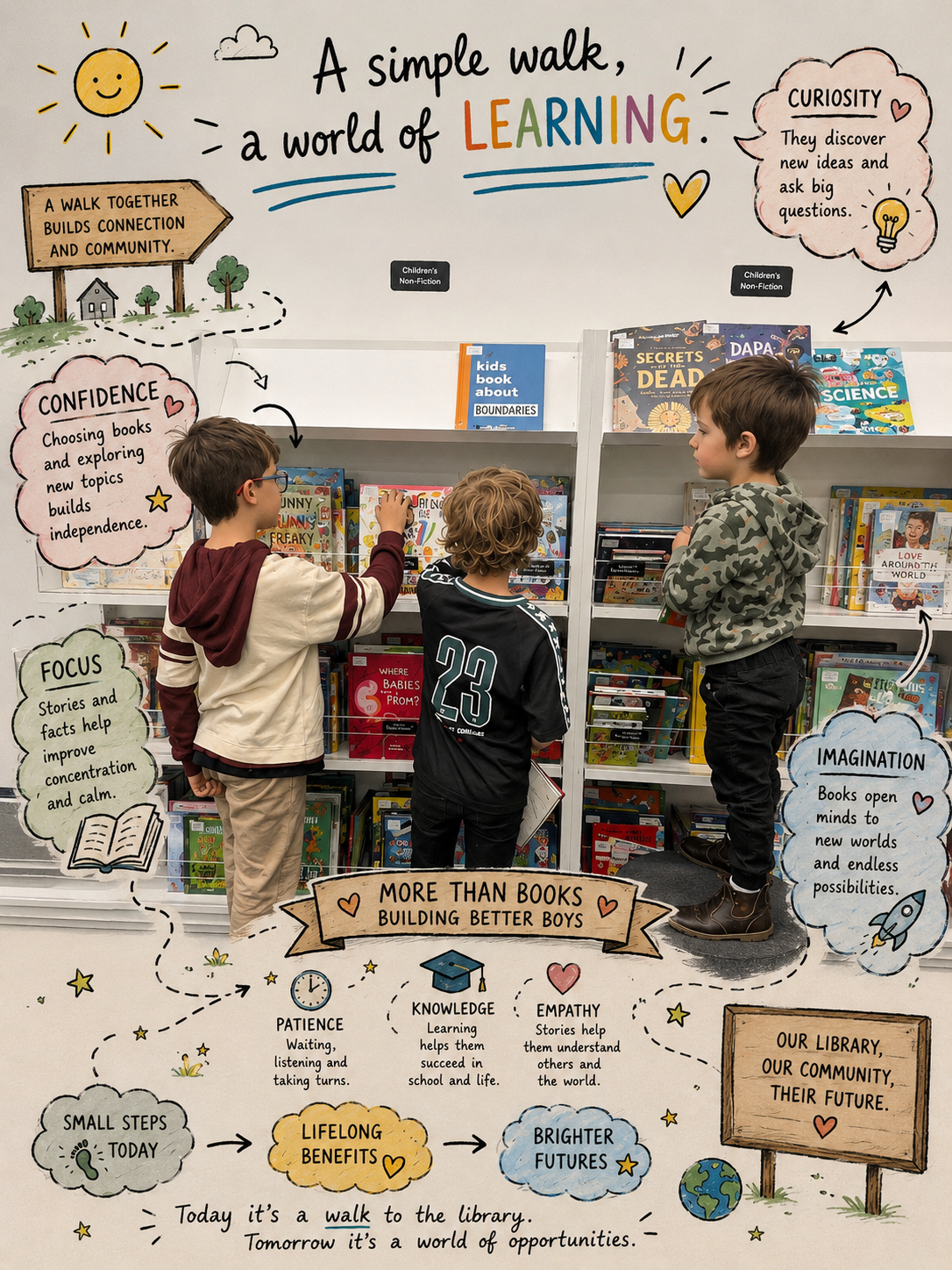 Three boys are browsing books on a shelf inside a library, surrounded by educational and motivational illustrations and text about learning and personal growth.