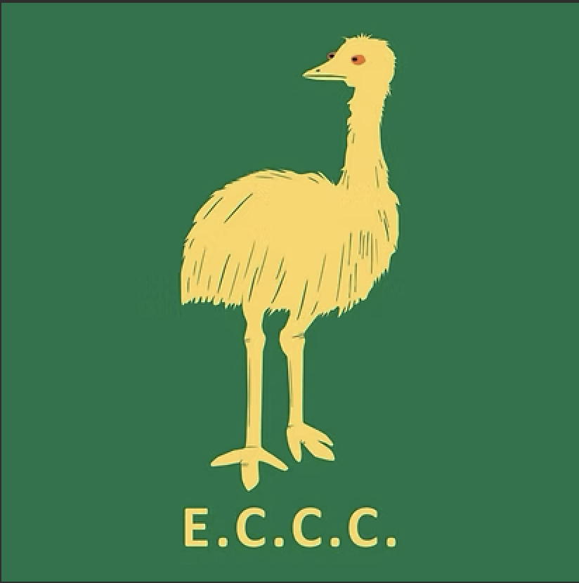 Illustration of a yellow ostrich on a green background with the letters E.C.C.C. beneath it.