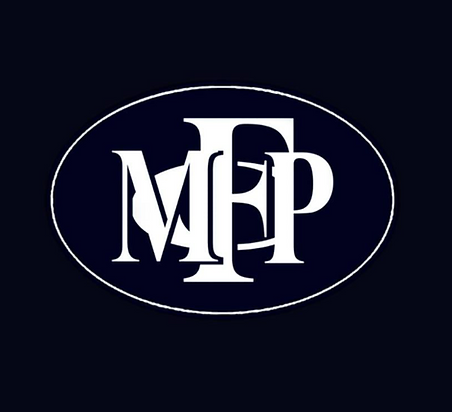 Monogram logo with the letters M, P, and F inside an oval shape on a black background.