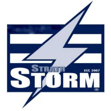 Logo with a large lightning bolt, the word 'STORM' in bold white letters, 'STRATH' above and 'EST. 2007' to the right, all within a dark blue rectangular background.